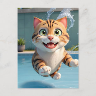Cute Cat Flies Swimming Diving i Bassäng Funny Vykort