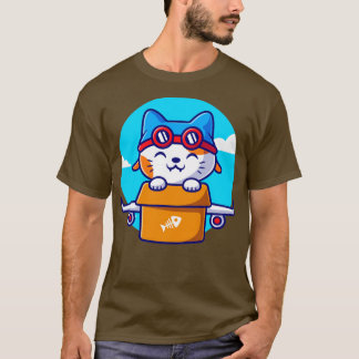 Cute Cat Flight with Cardboard Flygplan Tecknad T Shirt
