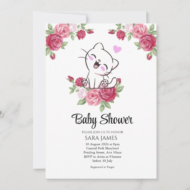 Cute Cat Floral Baby Shower Invitation Inbjudningar (Framsida)