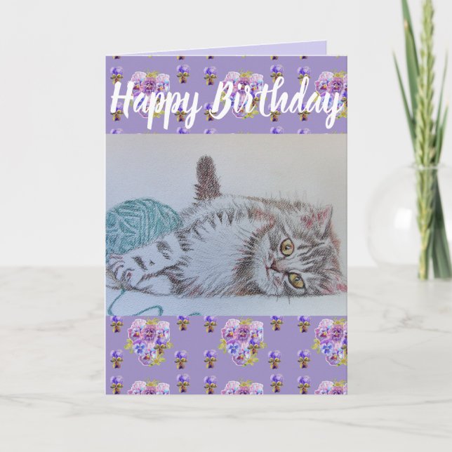 Cute Cat Flower Blommigt Lila Birday Art Card Kort (Framsida)