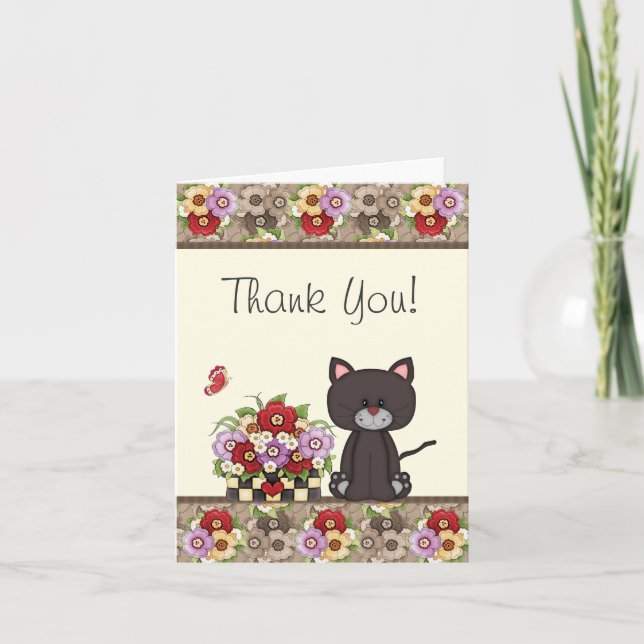 Cute Cat, Flowers och Butterfly - tackkort (Framsida)