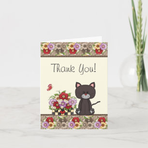 Cute Cat, Flowers och Butterfly - tackkort