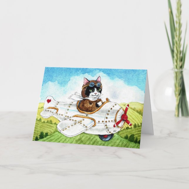Cute Cat-flygplanet Bon Voyage-gratulationskort Kort (Framsida)