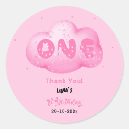 Cute Cat Font Watercolor Rosa Cloud 1:a födelsedag Runt Klistermärke