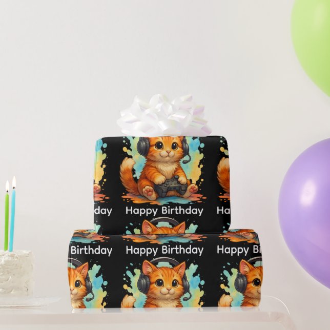 cute cat gamer birthday gift wrapping paper  presentpapper (Festgåvor)