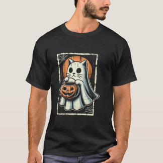 Cute Cat Ghost Bus eller godis Halloween Funny Bla T Shirt