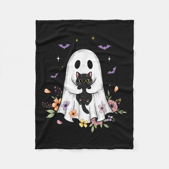 Cute Cat Ghost Flowers Spooky Halloween Vibes Mana Fleecefilt (Framsidan)