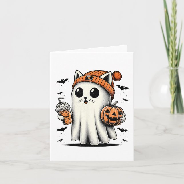 Cute Cat Ghost Iced Coffee Funny Ghost Halloween I Kort (Framsida)