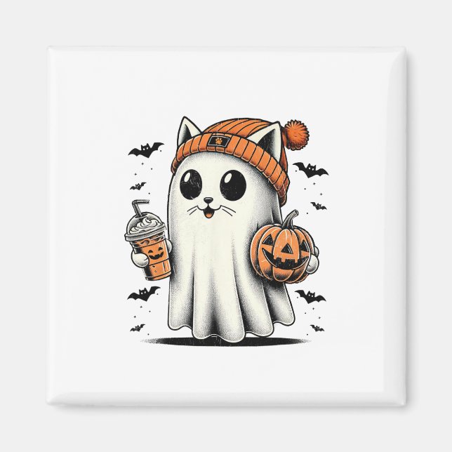 Cute Cat Ghost Iced Coffee Funny Ghost Halloween I Magnet (Framsidan)