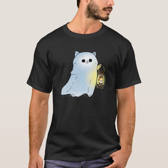 Cute Cat Ghost med Lantern Spook Phantom Hallowee T Shirt (Framsida)