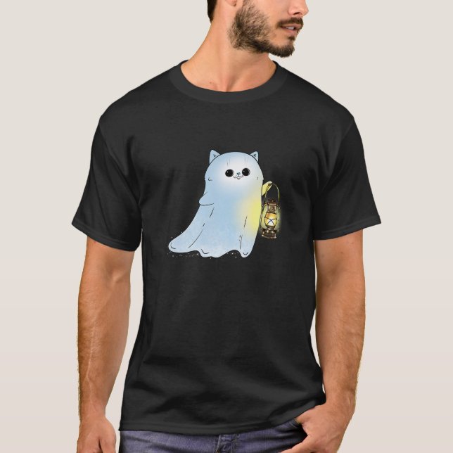 Cute Cat Ghost med Lantern Spook Phantom Hallowee T Shirt (Framsida)