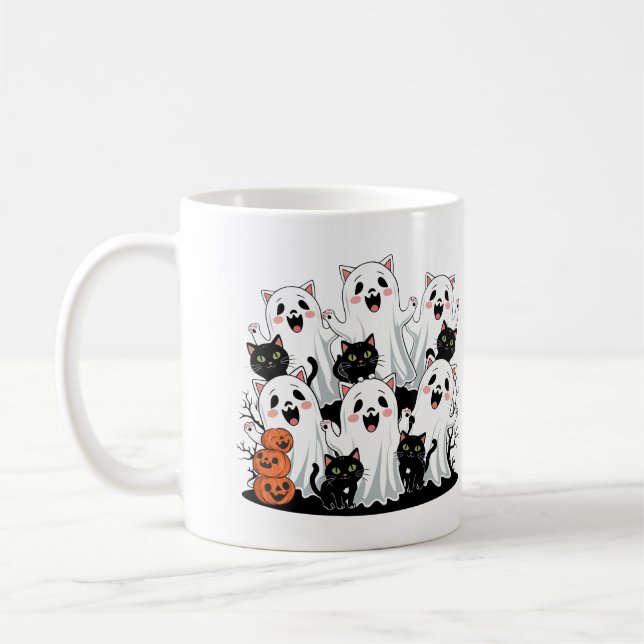 Cute Cat-Ghost och Pumpkin Halloween Mugg (Vänster)