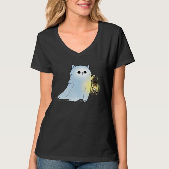 Cute Cat Ghost With Lantern Spook Phantom Hallowee T Shirt (Framsida)