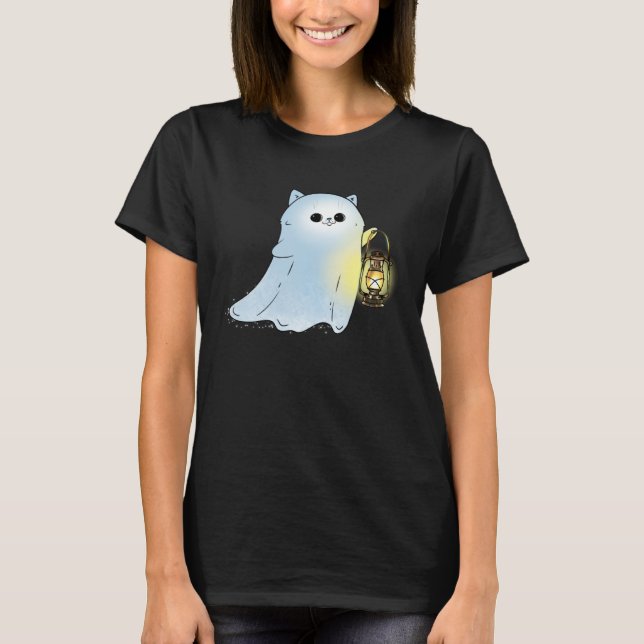 Cute Cat Ghost With Lantern Spook Phantom Hallowee T Shirt (Framsida)