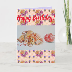 Cute Cat Ginger Tabby Blommigt Birday Art Card Kort
