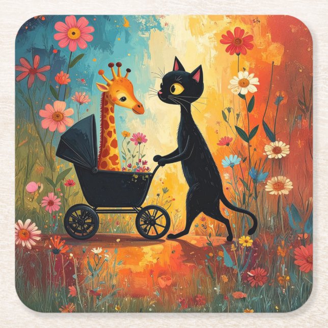 Cute Cat Giraffe Paper Coaster Underlägg Papper Kvadrat (Framsidan)