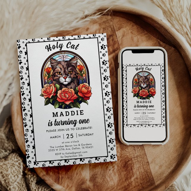 Cute Cat Girl First Birday Inbjudningar (Skapare uppladdad)