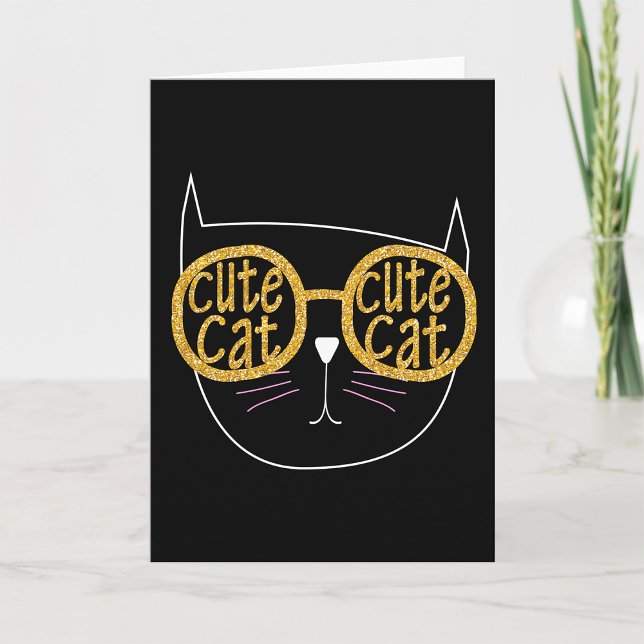Cute Cat Glass Graphic Guld Glitter Kattunge Ansik Kort (Skapare uppladdad)