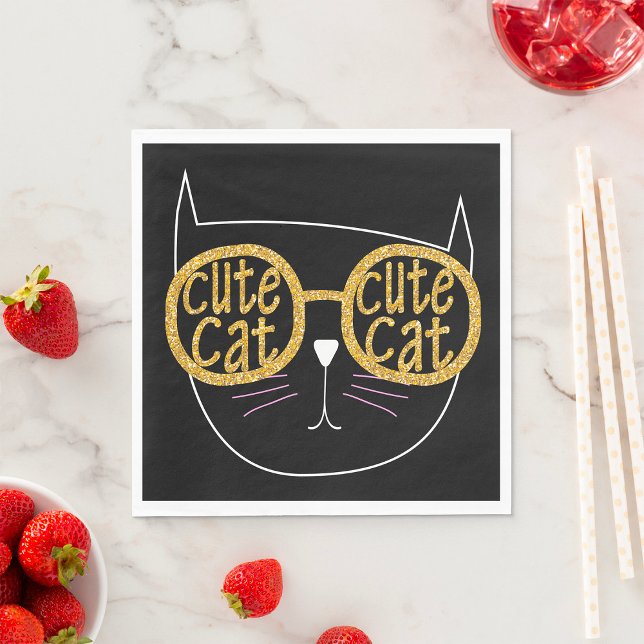 Cute Cat Glass Graphic Guld Glitter Kattunge Ansik Pappersservett (Skapare uppladdad)