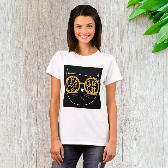 Cute Cat Glass Graphic Guld Glitter Kattunge Ansik T Shirt (Skapare uppladdad)