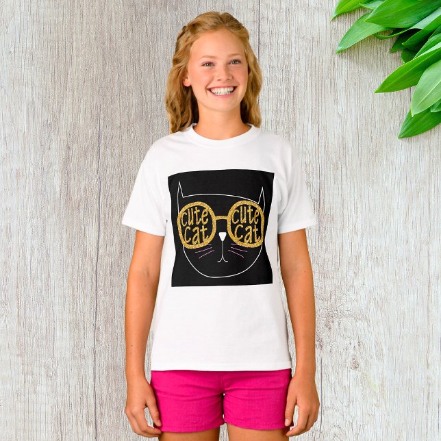 Cute Cat Glass Graphic Guld Glitter Kattunge Ansik T Shirt (Skapare uppladdad)
