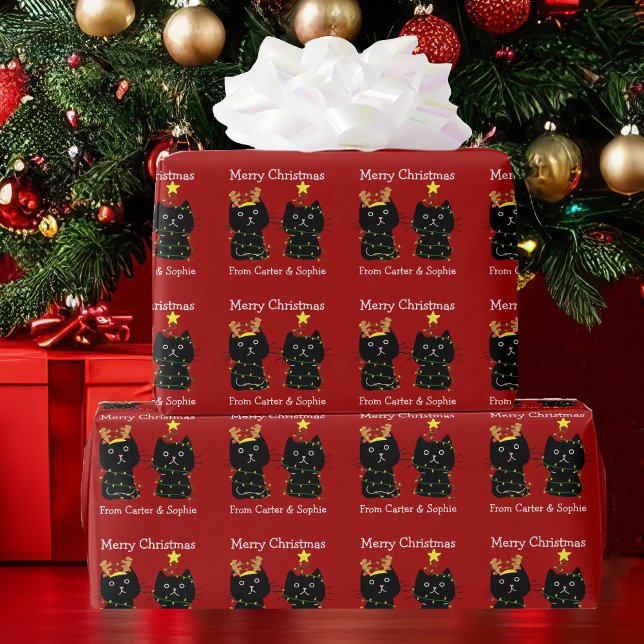 Cute Cat God jul Ljus Personlig Red Presentpapper (Skapare uppladdad)
