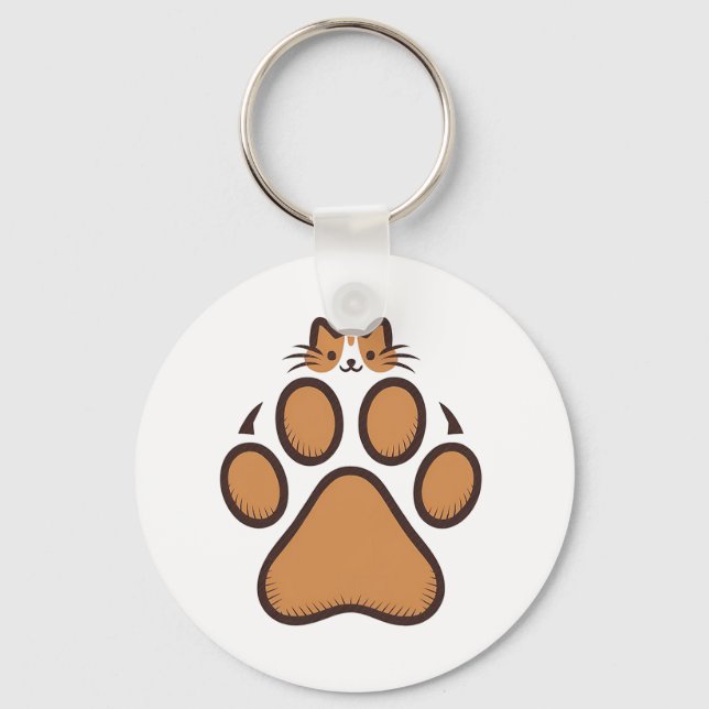 Cute Cat Gömmer i Paw Print - Illustration Nyckelring (Framsida)