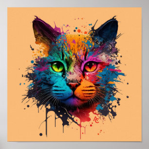 Cute Cat - Graffiti Neon Bläck Stänk Poster