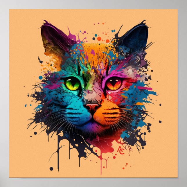 Cute Cat - Graffiti Neon Bläck Stänk Poster (Framsidan)