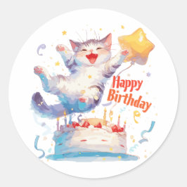 Cute Cat Grattis på födelsedagen Runt Klistermärke