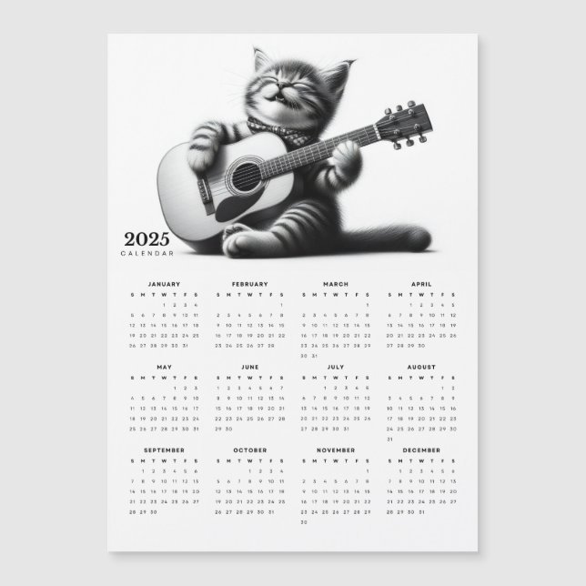 Cute Cat Guitarist Scarf 2025 Magnetic Calendar (Framsida)