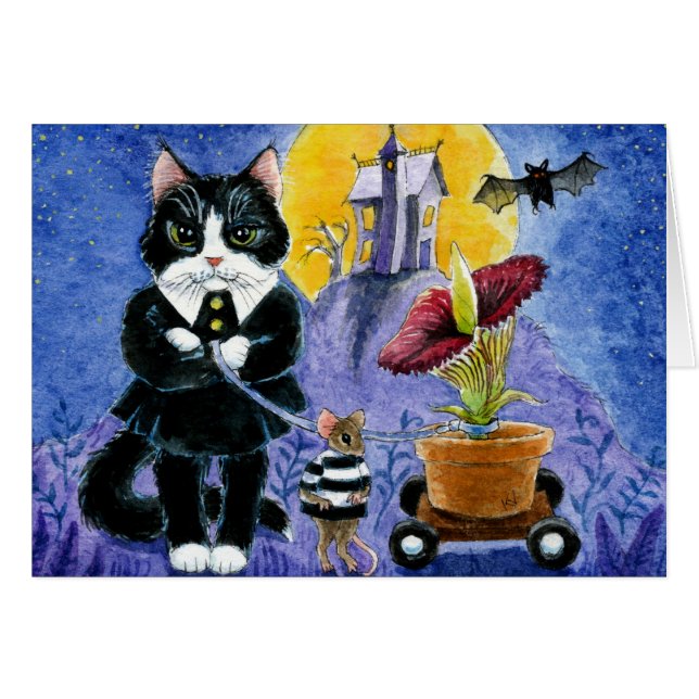 Cute Cat Halloween Haunween House Hälsningskort (Framsidan Horizontal)