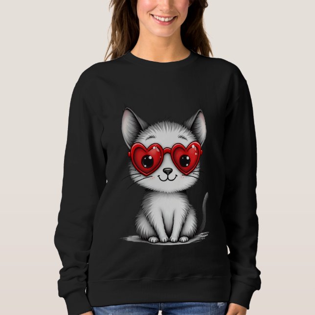Cute Cat Heart Glasses Sweatshirt T Shirt (Framsida)