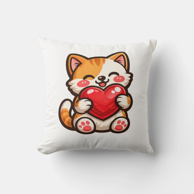 Cute Cat Heart – Kawaii Cat Hugging Red Heart, Cut Kudde (Framsida)