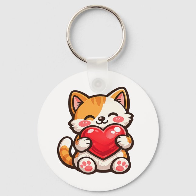 Cute Cat Heart – Kawaii Cat Hugging Red Heart, Cut Nyckelring (Framsida)