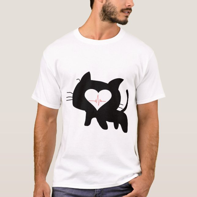 Cute Cat Heartbeat Minimalist Black Cat Love T Shirt (Framsida)