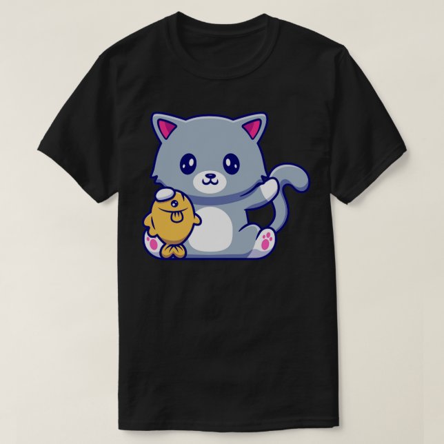 Cute Cat Holding Fish T Shirt (Design framsida)
