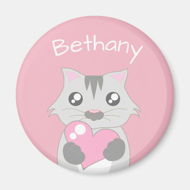 Cute Cat Holding Rosa Heart Magnet (Framsidan)