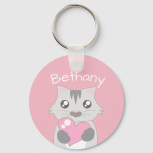 Cute Cat Holding Rosa Heart Personlig Nyckelring