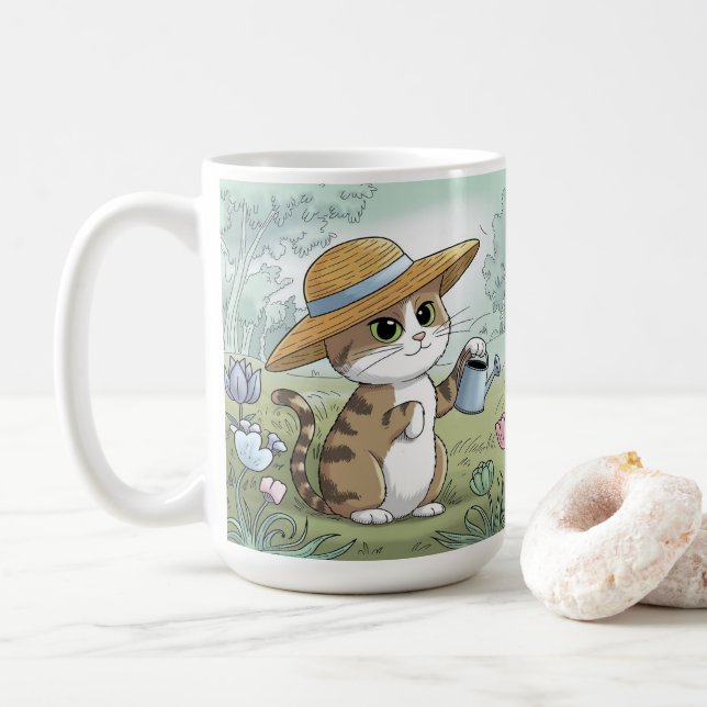 Cute Cat Holding Watering Can Garden Kaffemugg (Med munk)