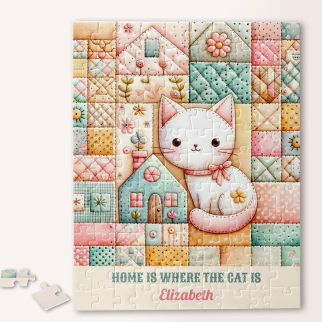 Cute Cat House Quilt Patchwork Pastel Custom Name Pussel (Cute Cat House Quilt Patchwork Pastel Custom Name Jigsaw Puzzle)