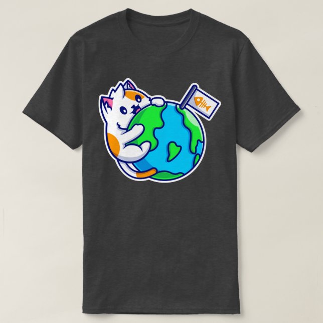 Cute Cat Hug World T Shirt (Design framsida)