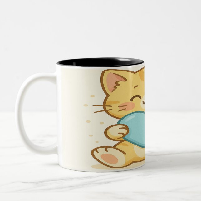 Cute Cat Hugger Blue Heart Två-Tonad Mugg (Vänster)