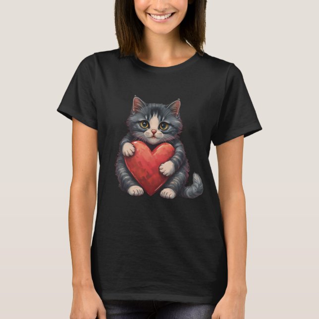 Cute Cat Hugger Valentine Heart Kattunge Kärlek ca T Shirt (Framsida)