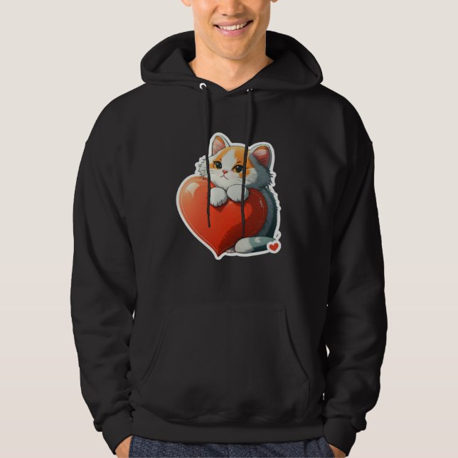 Cute Cat Hugging Red Heart for Kitten  and Cats ow Hoodie (Framsida)