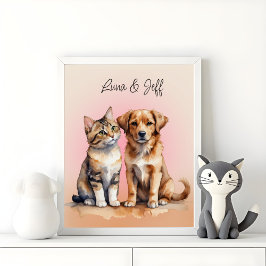 Cute Cat & Hund Vattenfärg Poster
