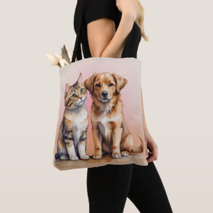 Cute Cat & Hund Vattenfärg Tygkasse