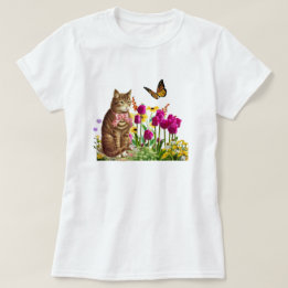 Cute Cat i Blomsterträdgård med Butterfly T Shirt