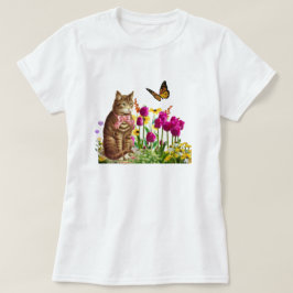 Cute Cat i Blomsterträdgård med Butterfly T Shirt