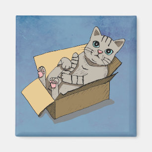 Cute Cat i en kartong Teckning Magnet